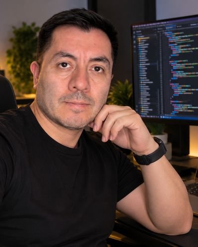 Mauricio Astroza en su escritorio de trabajo, con código en la pantalla